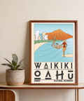 Hawaii Travel Poster graphic print with coordinates below surf scene