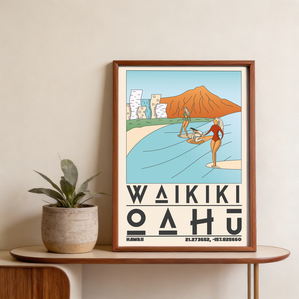 Hawaii Travel Poster graphic print with coordinates below surf scene