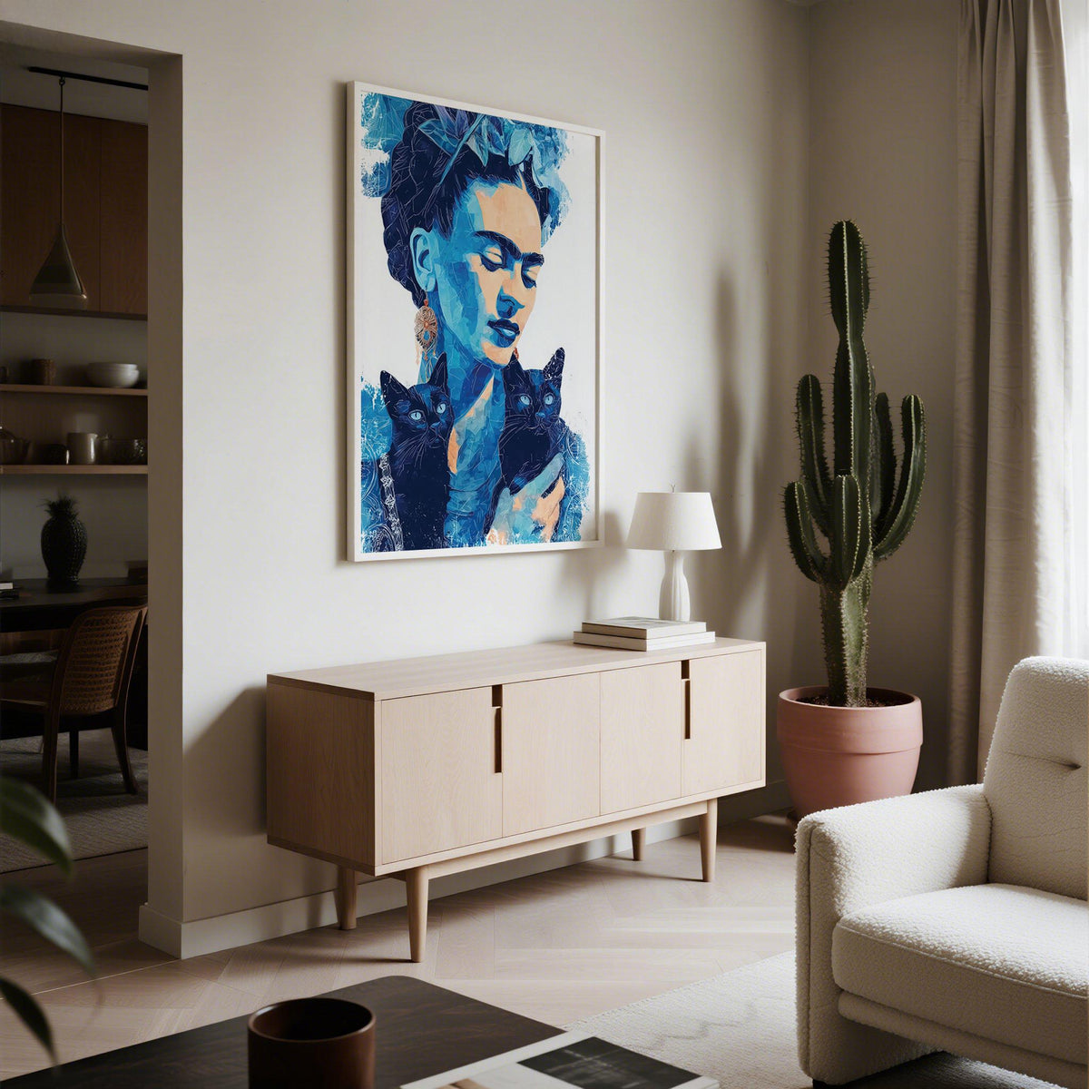 Frida Kahlo art style artwork with calm expression and botanical headpiece.