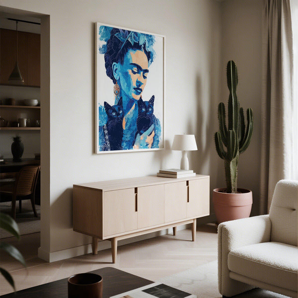 Frida Kahlo art style artwork with calm expression and botanical headpiece.