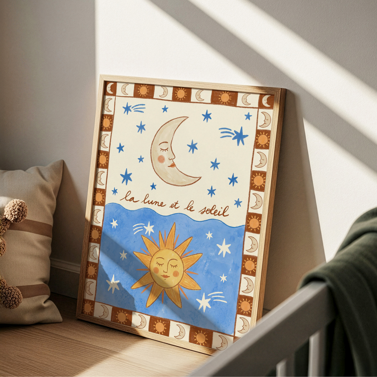 Hand-drawn celestial poster with crescent moon face, smiling sun, and star border