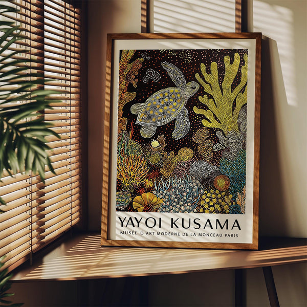 Stylized sea turtle wall art print with black background and vivid dots.