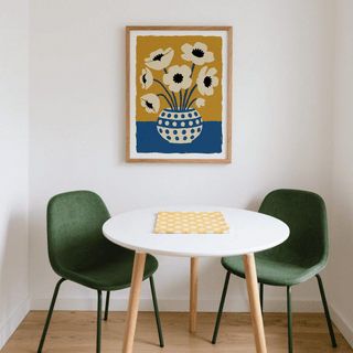 Flower Art Print with blue stems on beige flowers, studio art print