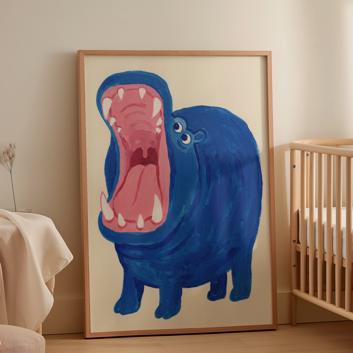 Cute hippo poster style graphic with rounded body and tongue detail