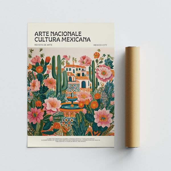 Mexican inspired art print with a rustic villa, florals, and a central fountain.