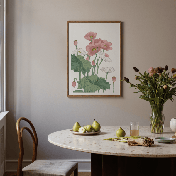 Minimalist floral illustration of poppy blossoms arranged on slender stems