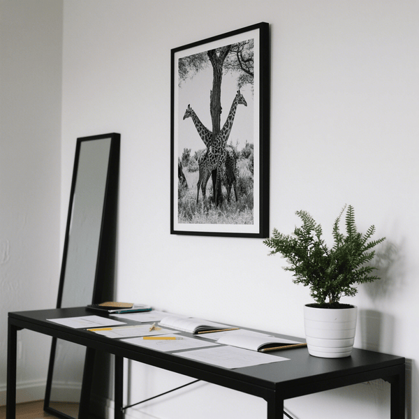Gallery wall mockup featuring a giraffe wildlife print in black and white tones