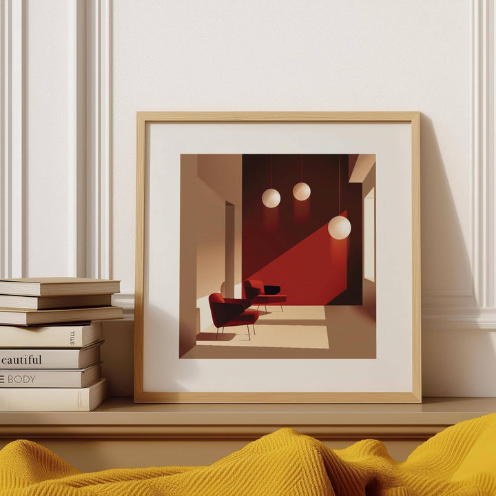 Framed Art for Office Walls showing a mid-century modern interior with red chairs and pendant lights beside stacked books