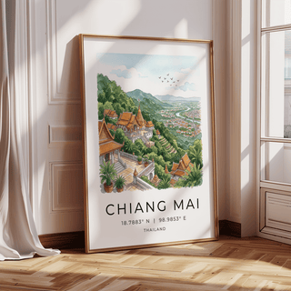 Scenic landscape artwork of temple courtyards framed by foliage