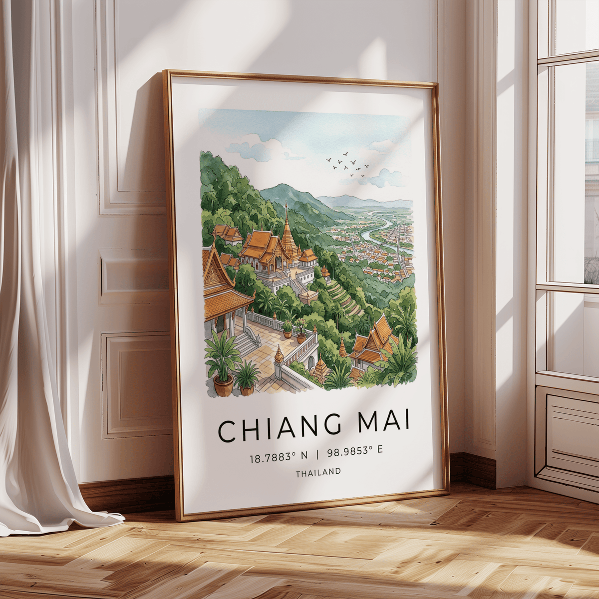 Scenic landscape artwork of temple courtyards framed by foliage