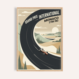 Framed vintage car racing poster with black track and muted green and beige landscape