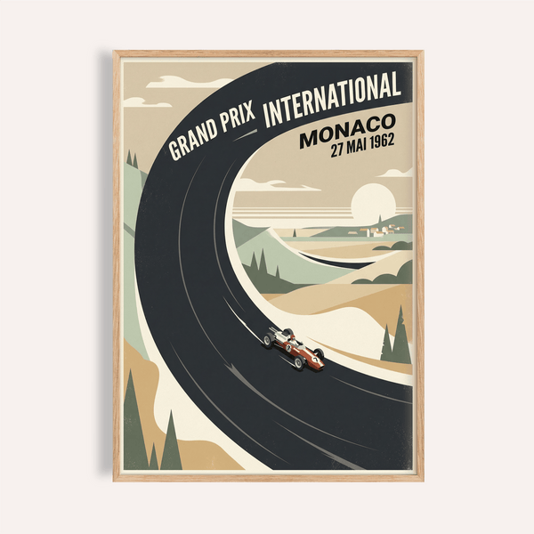 Vintage Car Racing Poster showing Monaco racetrack sweep and coastal backdrop