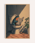 Frog Bathroom Art Print with frog sitting on toilet reading newspaper