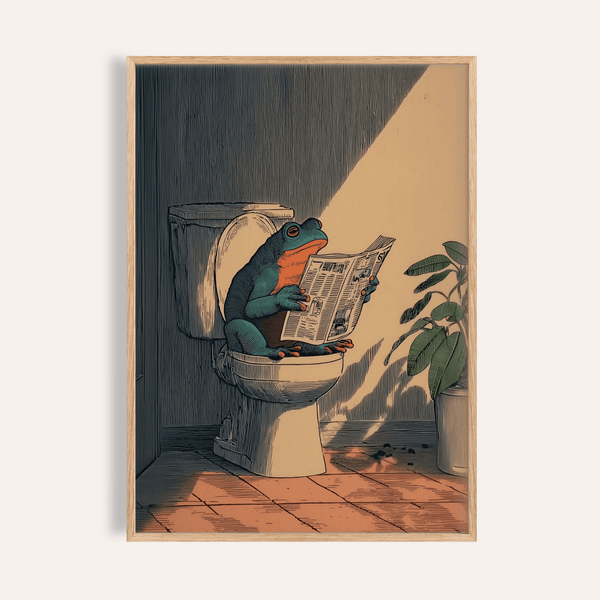 Frog Bathroom Art Print with frog sitting on toilet reading newspaper