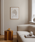 Minimal single-line drawing of seated figure over soft beige and gray shapes