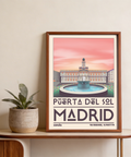Illustrated Madrid poster print with Puerta del Sol clock tower, windows, and foreground fountain
