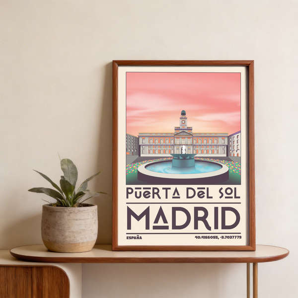 Illustrated Madrid poster print with Puerta del Sol clock tower, windows, and foreground fountain
