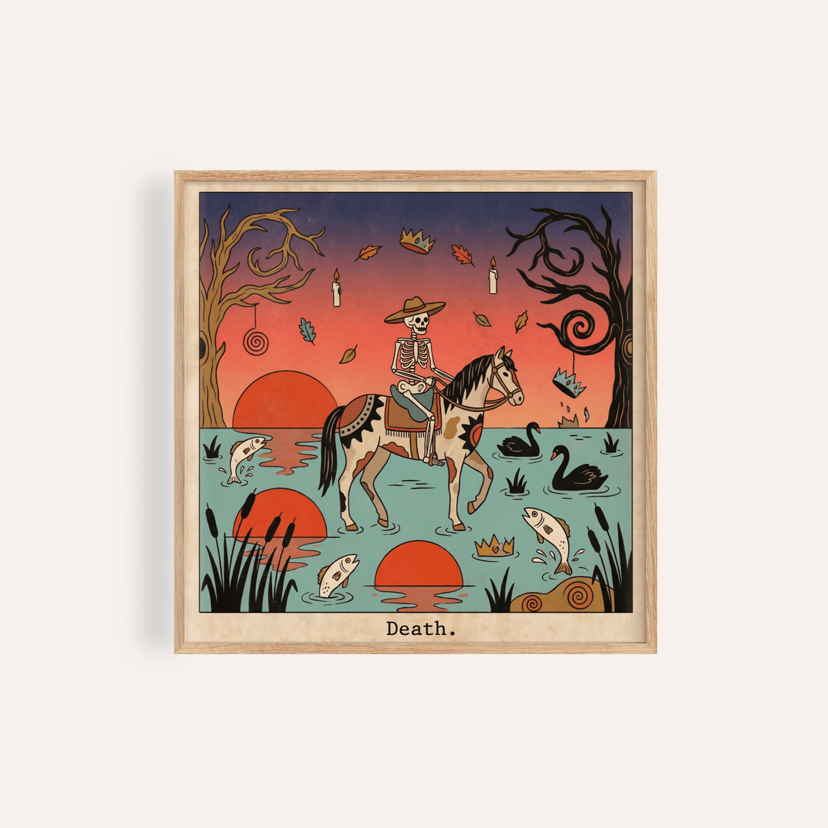 Skeleton rider on horseback tarot-style wall art print with swans and fish