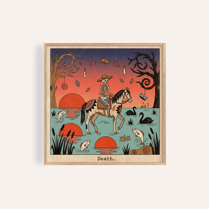 Skeleton rider on horseback tarot-style wall art print with swans and fish