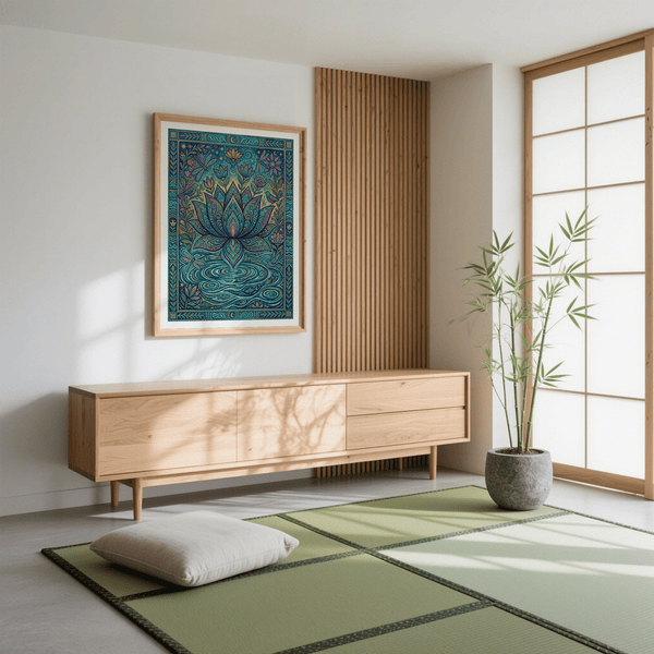 Colorful Nature Print showing ornate lotus scene with sweeping water lines