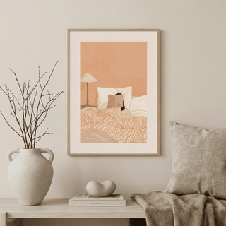 Woman Reading Book Art wall art with relaxing Pink, White, Beige, and Orange style