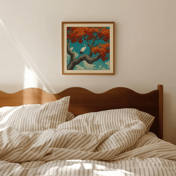 Hasui Kawase crane print poster showing a lone crane balanced on a curved branch