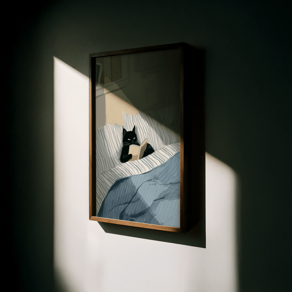 cat reading book wall art, striped bedding design, white and blue colors