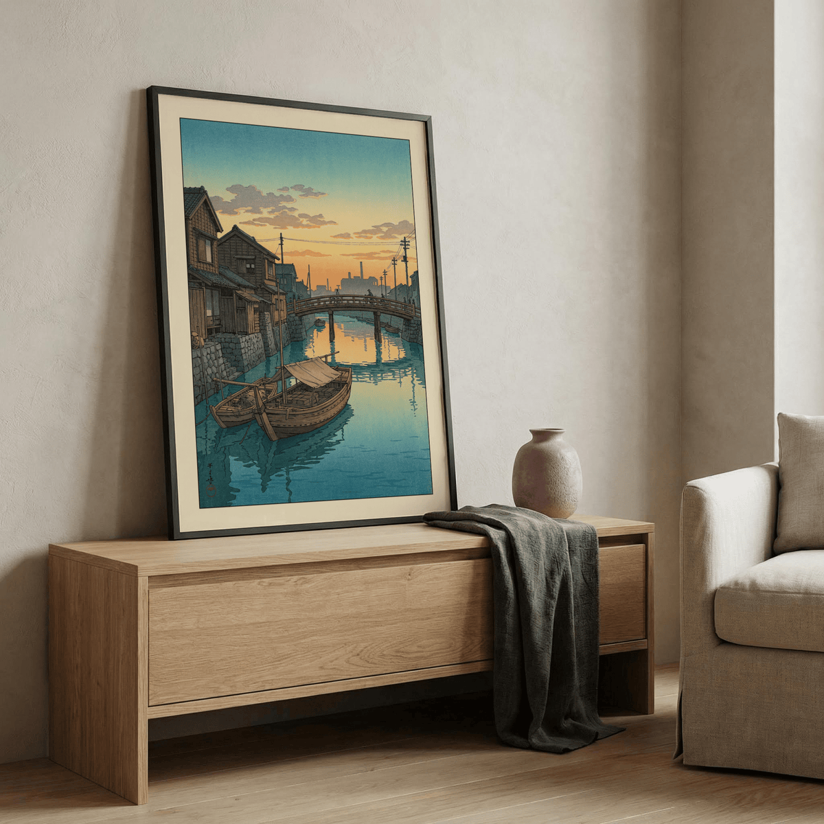 Detailed wooden boat under covering beside canal wall