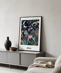 Top section of galaxy poster print with crescent moon, ringed planet, and star shapes