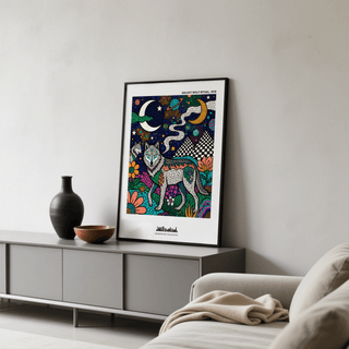 Top section of galaxy poster print with crescent moon, ringed planet, and star shapes