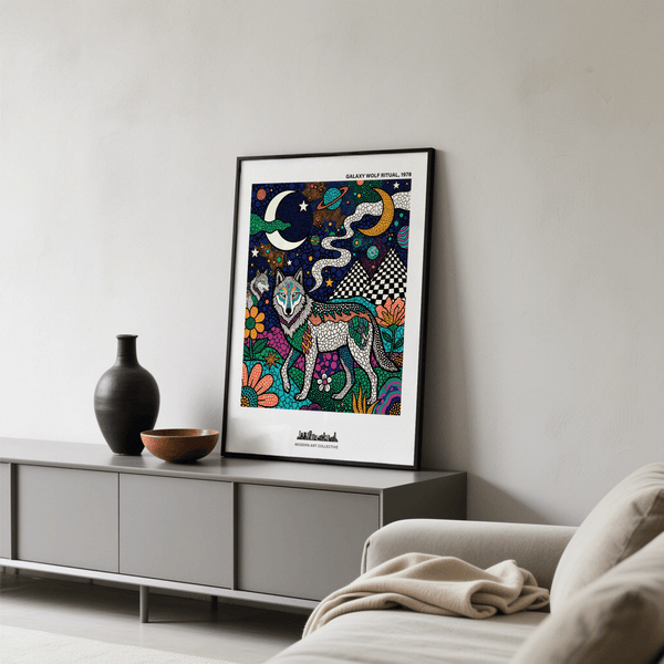 Top section of galaxy poster print with crescent moon, ringed planet, and star shapes