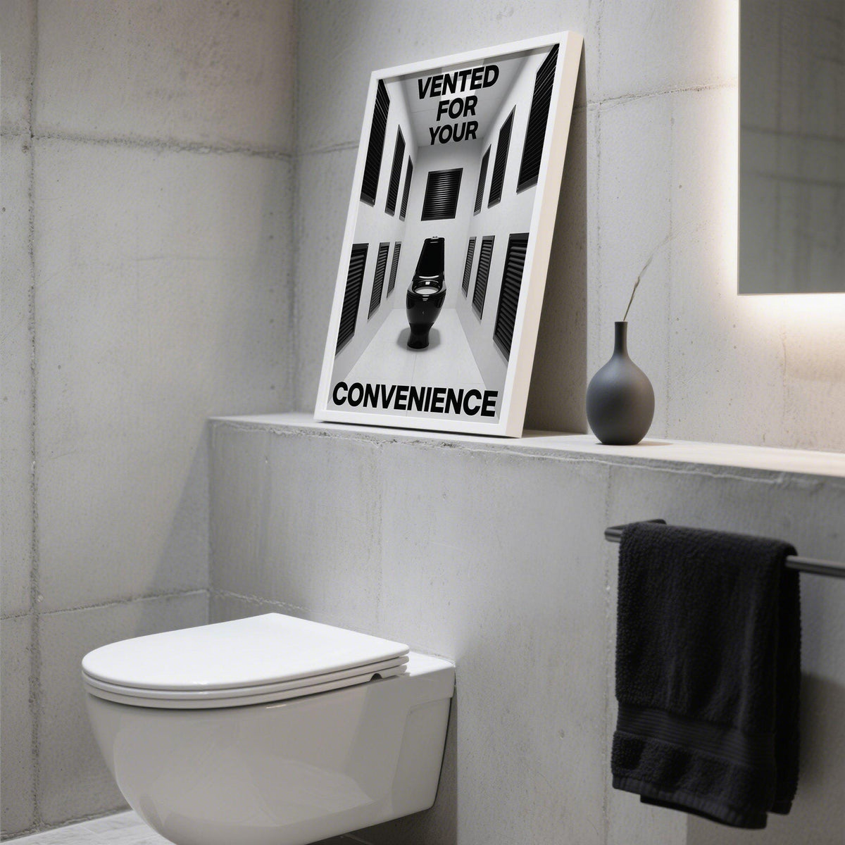 Black toilet centered among multiple vents in this bold Bathroom Funny Print.