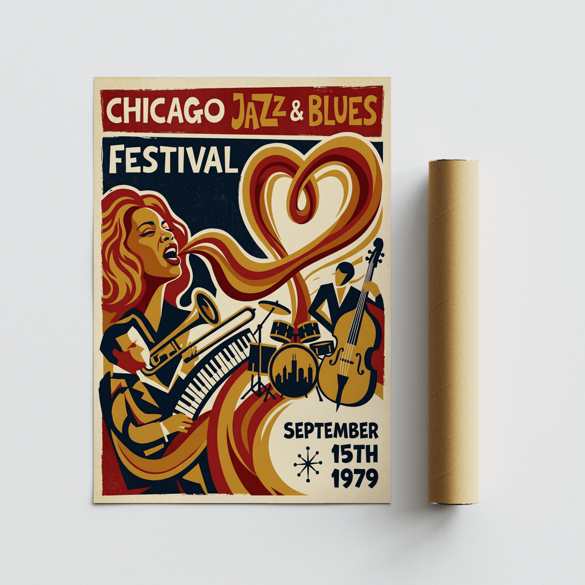 Music-themed wall art print with singer and band arranged in layered graphic shapes