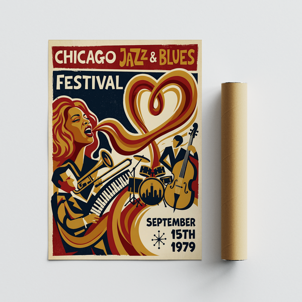 Music-themed wall art print with singer and band arranged in layered graphic shapes