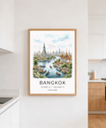 Scenic Bangkok skyline poster with river traffic and layered temple structures