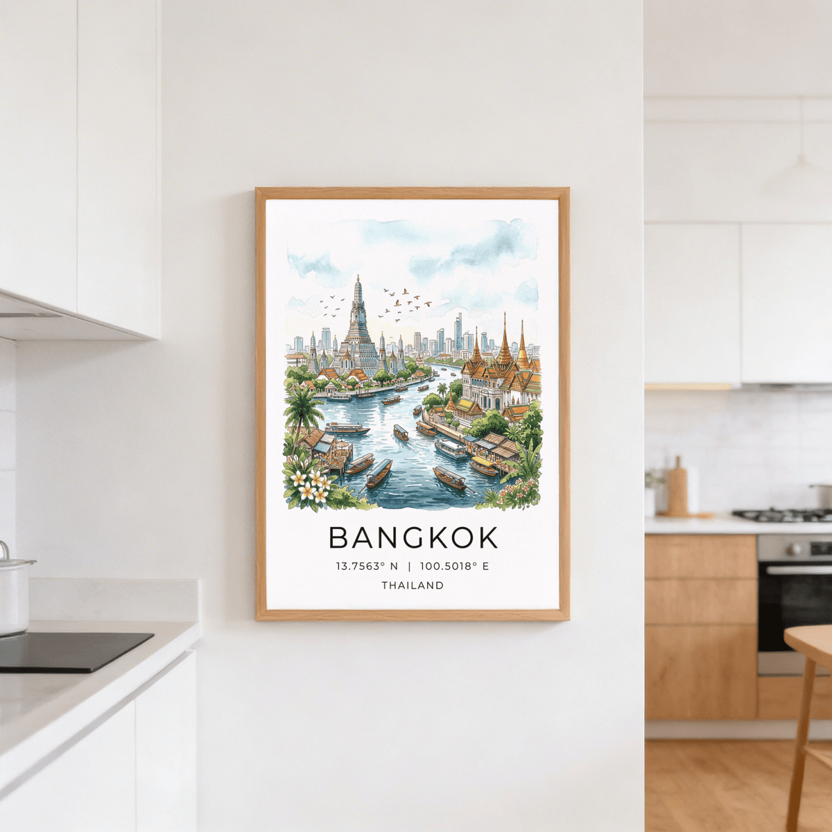 Scenic Bangkok skyline poster with river traffic and layered temple structures
