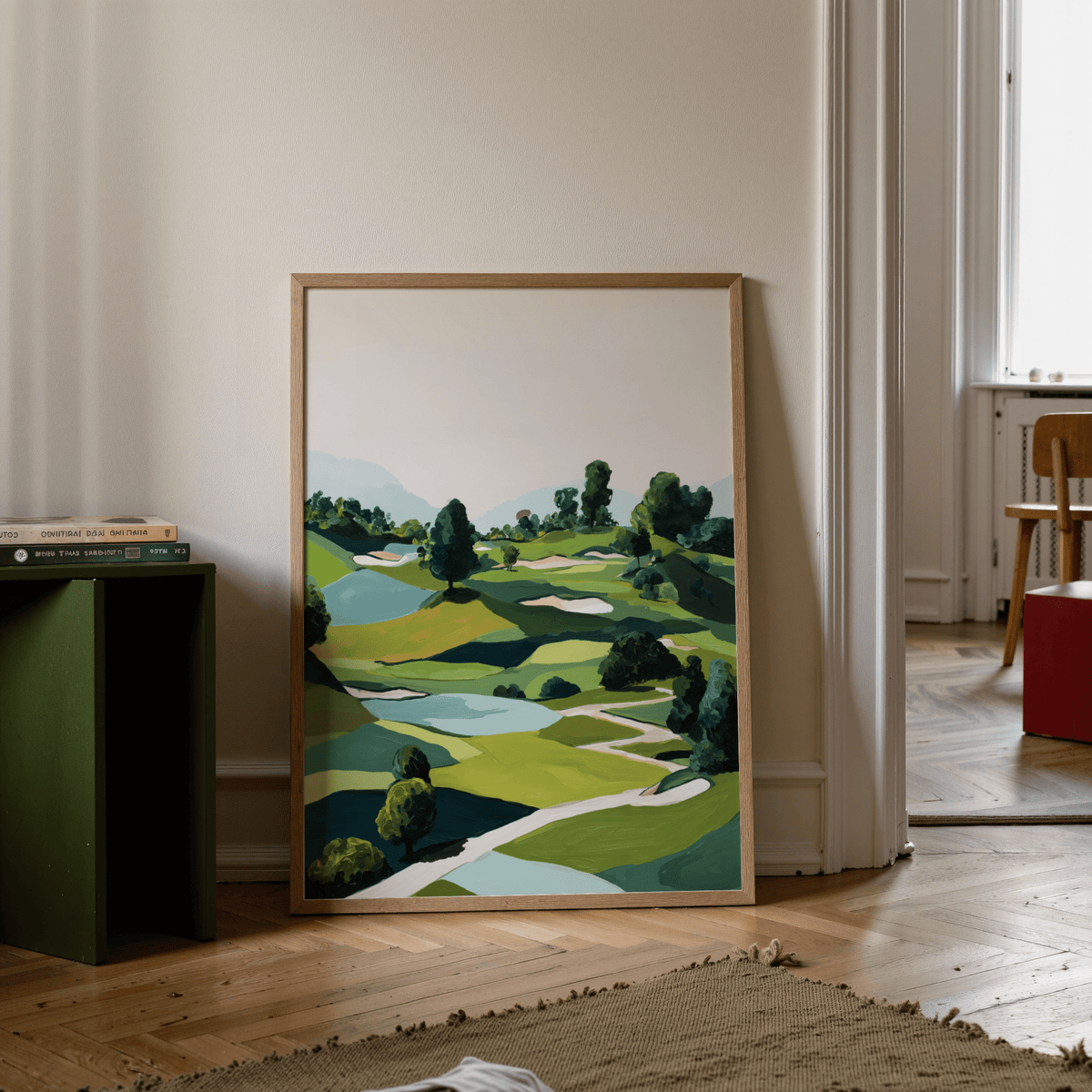 Detail view of winding cart path and beige sand traps on Landscape Golfing Poster