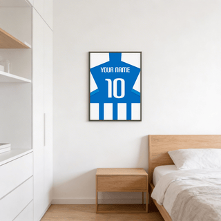 Minimal sports wall art print with football shirt silhouette, YOUR NAME lettering, and large number 10