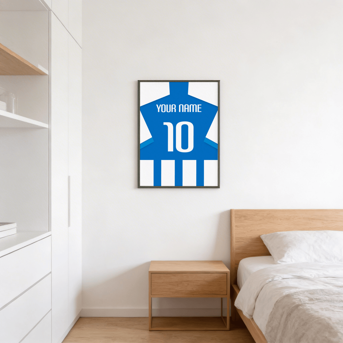 Minimal sports wall art print with football shirt silhouette, YOUR NAME lettering, and large number 10