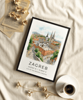 Travel poster of Zagreb with elevated viewpoint over rooftops, trees, and distant hills
