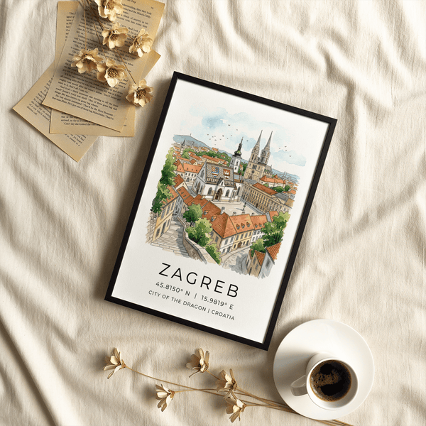 Travel poster of Zagreb with elevated viewpoint over rooftops, trees, and distant hills