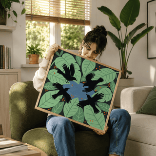 Illustrated nature poster featuring leaf clusters framing a pond with crows flying overhead