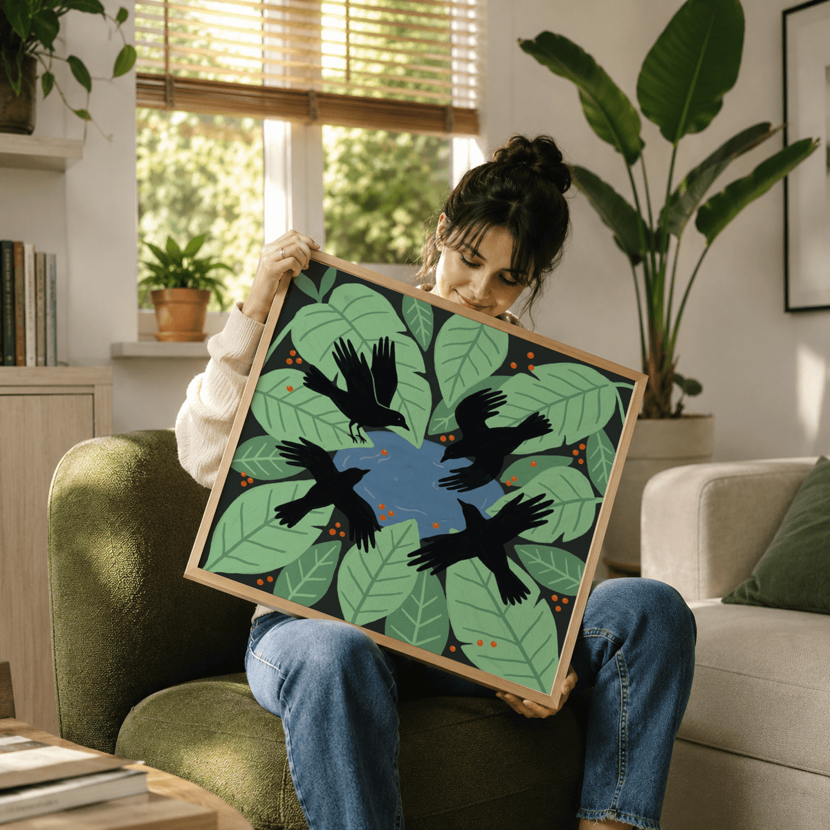 Illustrated nature poster featuring leaf clusters framing a pond with crows flying overhead