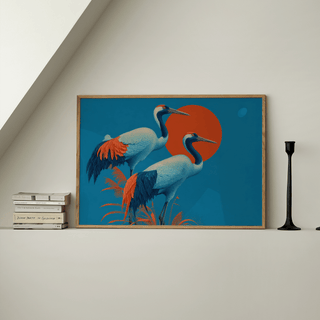Cranes Artwork in orange and blue, ideal for entryway poster