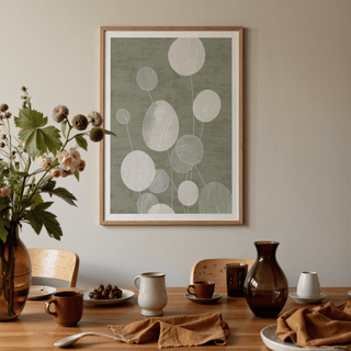 Beige and green minimalist botanical wall art with circle leaves