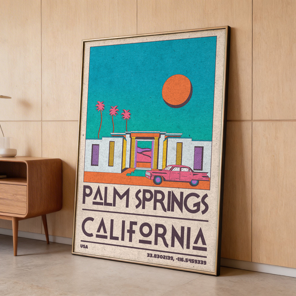 Close-up of Palm Springs California typography on travel wall art print with textured background