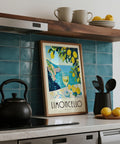 Italian terrace print with citrus drink and ocean backdrop
