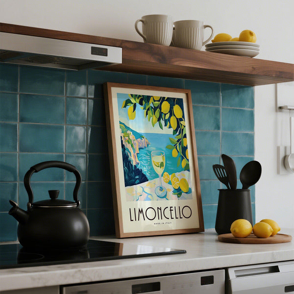 Italian terrace print with citrus drink and ocean backdrop