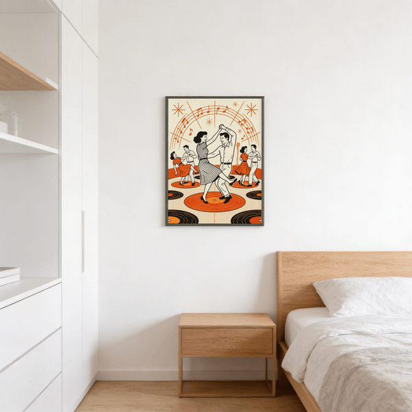 Retro Dance Wall Art print featuring central dancers and starburst accents