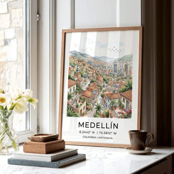 Medellin City Art Print featuring layered rooftops and winding street